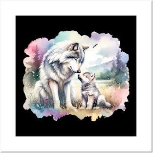 Mother Grey Wolf And Her Cub In Rocky Mountains Painting Posters and Art